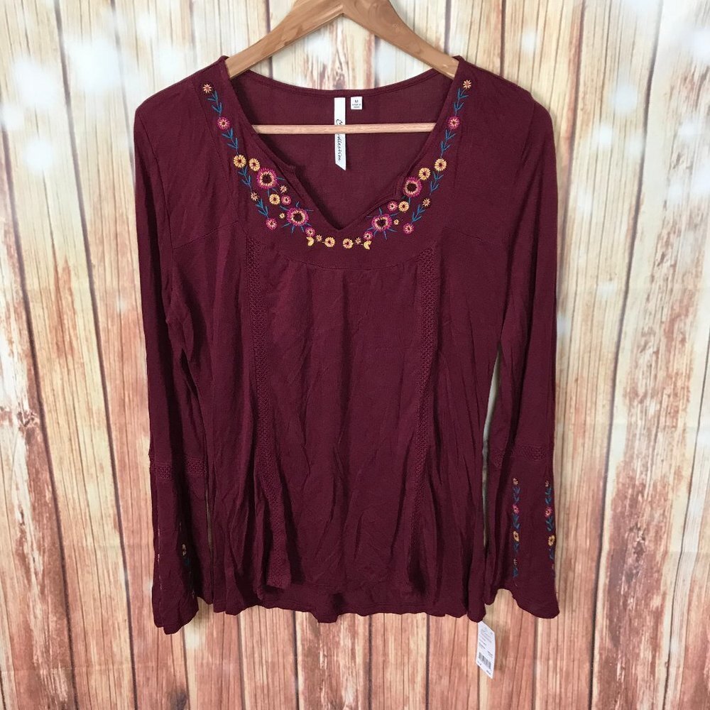Boho Red Burgundy Knit Top Med Embroidery Flowers NY Collection Bell Sleeve New